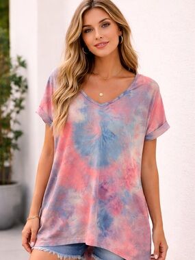 Pink Lily Blue and Pink Tie-Dye Seriously Soft Polyester Cuff Sleeve Top